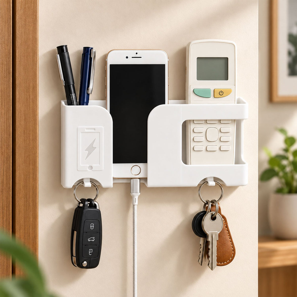 Wall Mounted Mobile Charging Stand With Remote And Pen Storage Holder (1 Pc)