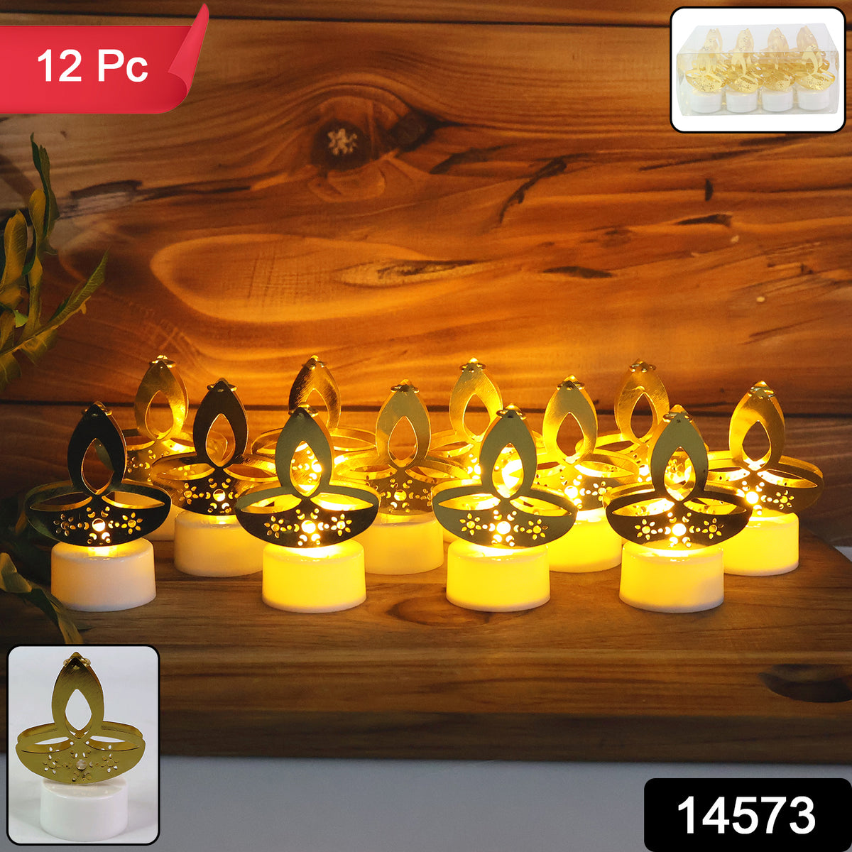 Golden Diya Shaped Led Tealight Candles (12 Pc)